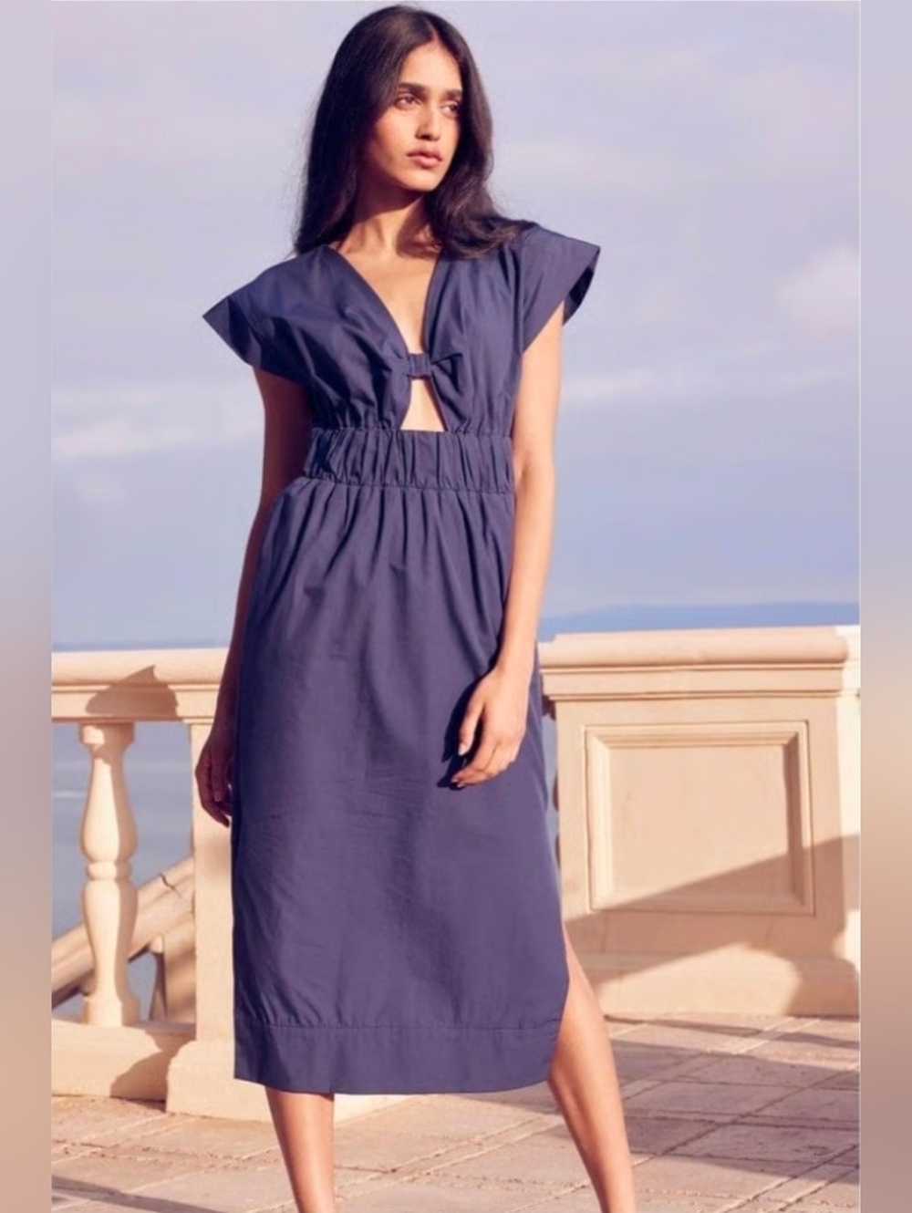 MISA Los Angeles | Claudine Dress Midnight Blue Poplin Cutout Dress Size Medium